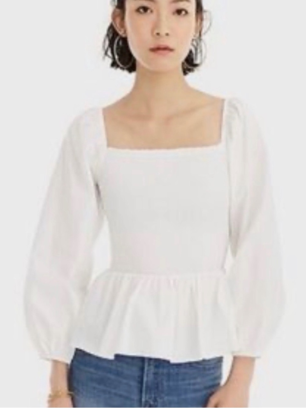 J. Crew White Smocked Square-Neck Peplum Blouse with Puff Sleeves